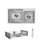 Lidz Handmade H7843 Мийка для кухні з двома чашами інтегрована Brushed у комплекті з дозатором + - купити в інтернет-магазині Техностар