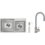 Lidz з двома чашами інтегрована Brushed Steel 3,0/1,0 мм + Змішувач Aria для кухні з гнучким виливом (k35) Grey - купити в інтернет-магазині Техностар